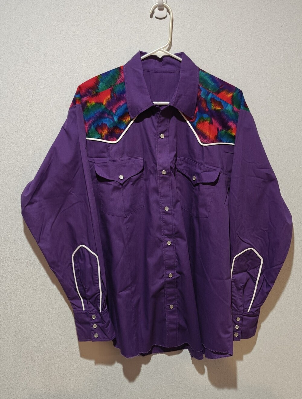 Vintage Western Rainbow Pride Shirt L Pearl Snap Button Up Cotton Purple Custom - Picture 2 of 8